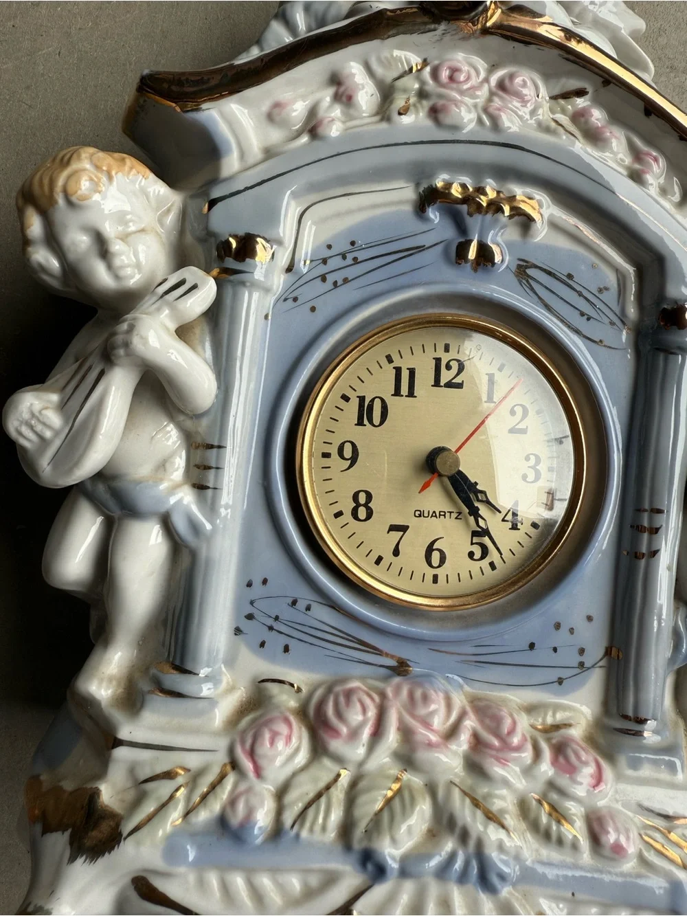 Porcelain Cherub Mantel Clock Wall Decor in White and Gold